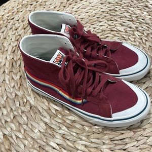 Vans burgundy and rainbow high tops